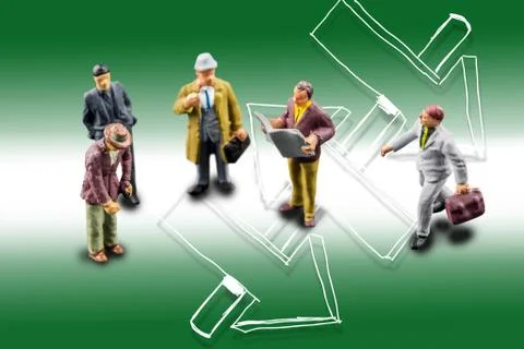 Team of people solving a difficult maze problem, finding best possible soluti Stock Photos
