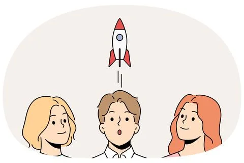 Team of people is working on launch and marketing support of business, looking Illustrazione stock