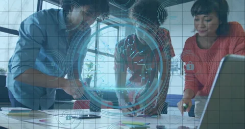 Team picking markers and writing notes, initiating cybersecurity HUD expanding Video stock 315575194