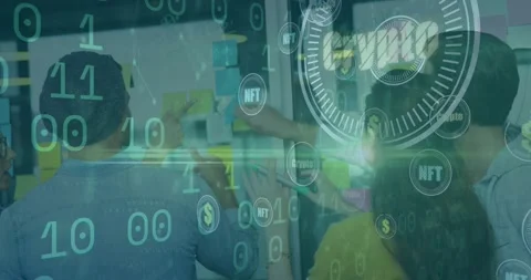 Team placing sticky notes following feedback, showing binary code, crypto NFT Stock Footage 319853370