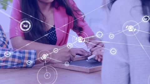 Team placing styluses on tablet, collaborating, growing nodes overlaying hands, Stock Footage 334112514