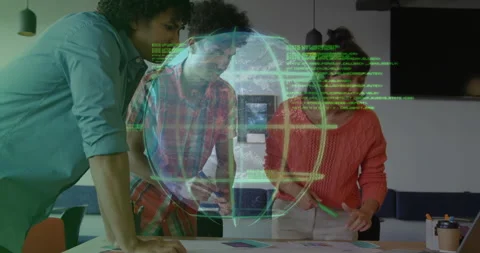 Team placing wireframes sparking 3D globe overlaying code, organizing mockups Stock Footage 311507730