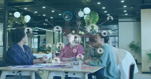 Team planning left passing pages center gesturing right using pens tech node map Stock Footage 330355444