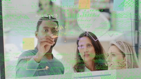 Team planning tech, marker touching glass, sketching boxes and graph with green Stock Footage 333425742