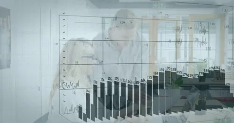 Team pointing at laptop and interacting generating grid waveform and 3D bar Stock Footage 331109328
