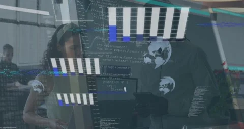 Team pointing at laptop and scrolling tablet activating tech data charts Stock Footage 318092035