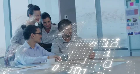 Team pointing at laptop man using pad sparking binary grid sweeping while Stock Footage 331757473
