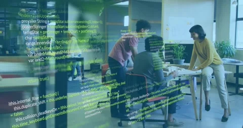 Team pointing at laptop, reviewing documents, activating green code overlay for Stock Footage 331062412