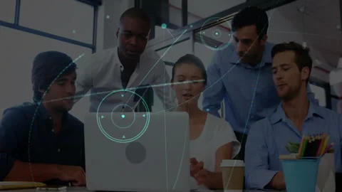 Team pointing at laptop starting data visualization overlays analyzing insights Stock Footage 313241105