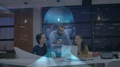 Team pointing at open laptop, causing 3D head forming and overlaying data points Stock Footage 329533709