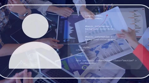 Team pointing at tablet and initiating avatar overlay while code converting into Stock Footage 333414315