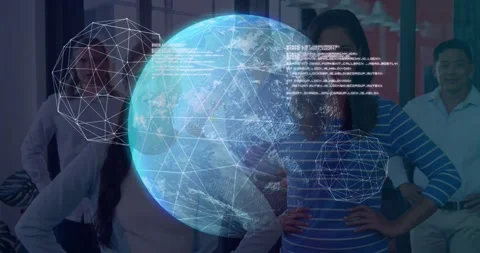 Team posing office as holo appearing globe rotating and HUD overlaying team Video stock 328383833