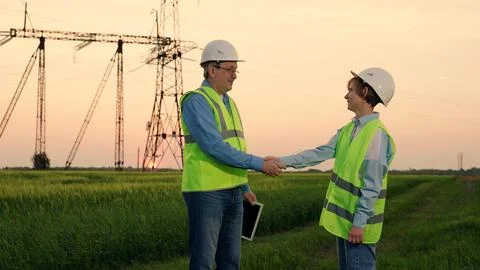 Team of power engineers, construction workers, woman man working together. Power Stock Photos