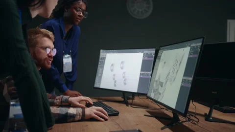 Team problems solving, multiethnic persons discussing three-dimensional computer Stockbeeldmateriaal 233728740