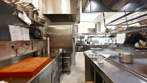 Team of professional chefs preparing and cooking food in a commercial kitchen Stock Footage 135923707