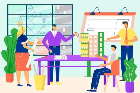 Team professional engineers architects working with sketch building, vector Ilustración de archivo