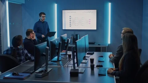 Team of Professional IT Developers Have a Meeting, Speaker Talks about New Block Stock Footage 103277087