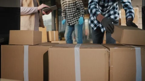 Team of professional loaders and logistics manager working together while l.. Stock Footage 334595020