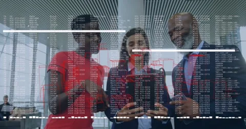 Team of professionals analyzing floating code overlays on tablet with red error Stock Footage 327786283