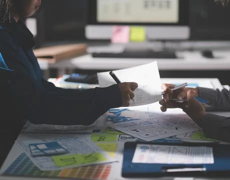 Team of Program Developer Collaborating on UXUI Design Planning in a Modern.. Stock Photos
