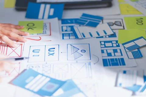 Team of Program Developer Collaborating on UXUI Design Planning in a Modern.. 스톡 사진