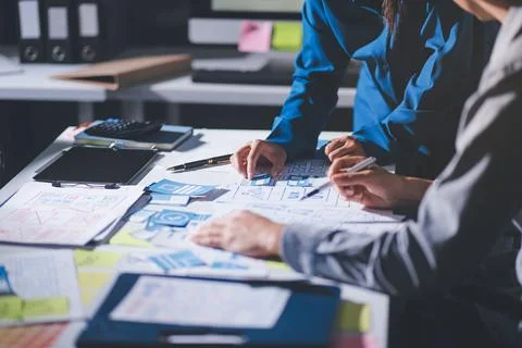 Team of Program Developer Collaborating on UXUI Design Planning in a Modern.. Stock Photos