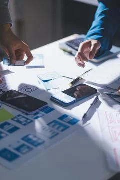 Team of Program Developer Collaborating on UXUI Design Planning in a Modern.. 스톡 사진
