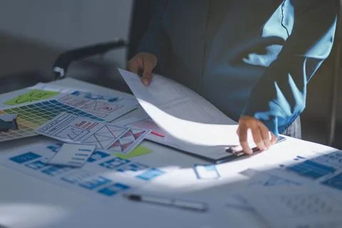 Team of Program Developer Collaborating on UXUI Design Planning in a Modern.. 스톡 사진