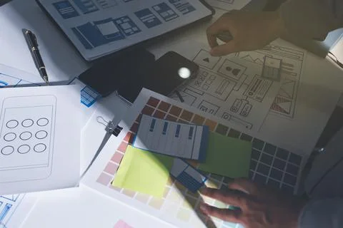 Team of Program Developer Collaborating on UXUI Design Planning in a Modern.. 스톡 사진