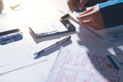 Team of Program Developer Collaborating on UXUI Design Planning in a Modern.. 스톡 사진