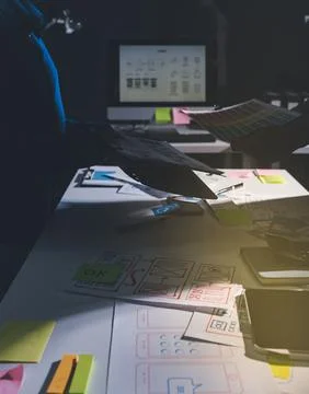 Team of Program Developer Collaborating on UXUI Design Planning in a Modern.. 스톡 사진
