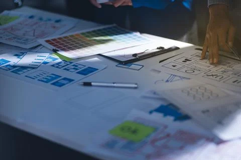 Team of Program Developer Collaborating on UXUI Design Planning in a Modern.. Stock Photos