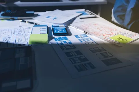 Team of Program Developer Collaborating on UXUI Design Planning in a Modern.. 스톡 사진