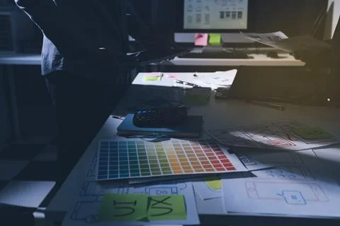 Team of Program Developer Collaborating on UXUI Design Planning in a Modern.. 스톡 사진