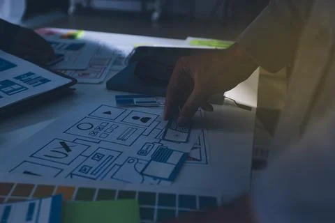 Team of Program Developer Collaborating on UXUI Design Planning in a Modern.. 스톡 사진