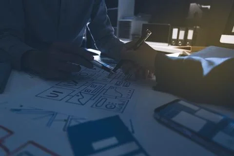 Team of Program Developer Collaborating on UXUI Design Planning in a Modern.. 스톡 사진