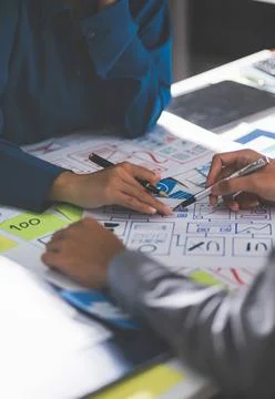 Team of Program Developer Collaborating on UXUI Design Planning in a Modern.. 스톡 사진