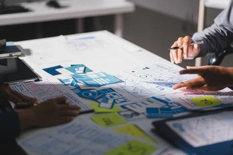 Team of Program Developer Collaborating on UXUI Design Planning in a Modern.. Stock Photos
