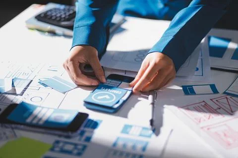 Team of Program Developer Collaborating on UXUI Design Planning in a Modern.. 스톡 사진