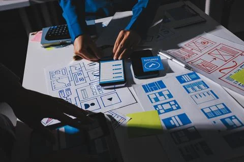 Team of Program Developer Collaborating on UXUI Design Planning in a Modern.. Foto stock