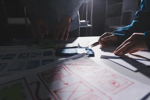 Team of Program Developer Collaborating on UXUI Design Planning in a Modern.. Foto stock