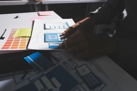 Team of Program Developer Collaborating on UXUI Design Planning in a Modern.. 스톡 사진