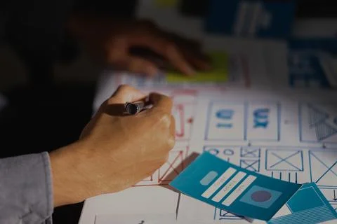 Team of Program Developer Collaborating on UXUI Design Planning in a Modern.. 스톡 사진