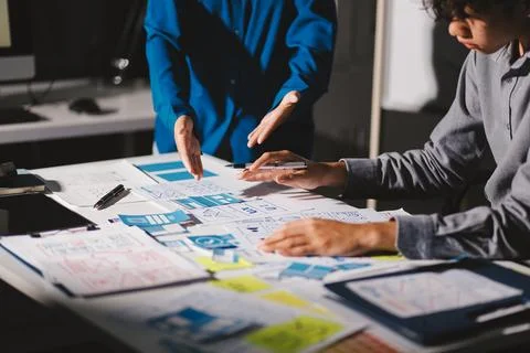 Team of Program Developer Collaborating on UXUI Design Planning in a Modern.. 스톡 사진
