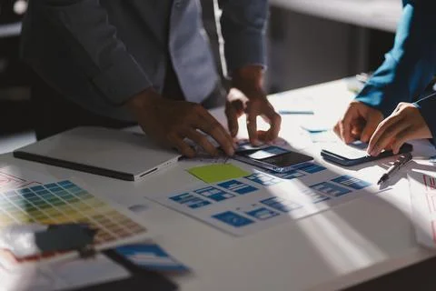 Team of Program Developer Collaborating on UXUI Design Planning in a Modern.. 스톡 사진