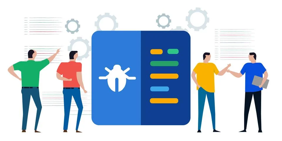 Team of programmer developer looking for bug bugs malware error in coding Stock Illustration