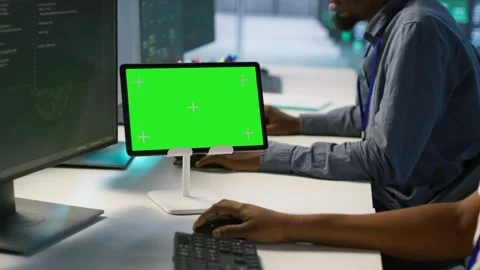 Team of programmer using green screen tablet, working in server farm Video stock 319543071