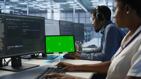 Team of programmer using green screen tablet, working in server farm 스톡 사진