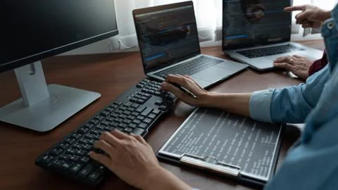 Team of Programmer working to find solution to problem and coding technologie 스톡 사진