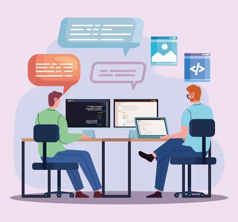 Team programmers computers in workplace Stock-Illustration